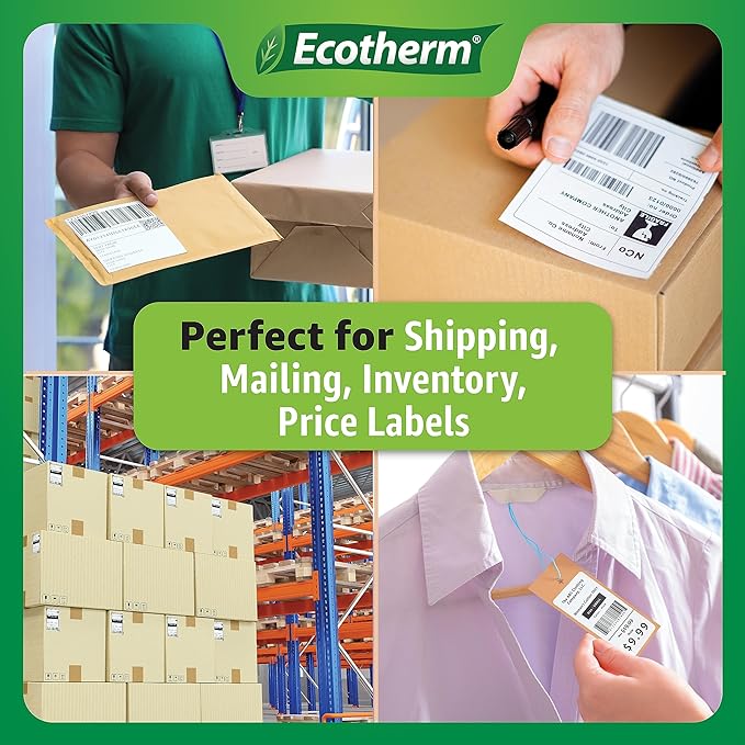 2.25" x 4" Thermal Labels | 4 Rolls | 1440 Labels | fits Zebra, Munbyn, Rollo, Godex, Arkscan, iDPRT, Offnova Thermal Label Printers and More | Blank White Adhesive Stickers by Ecotherm