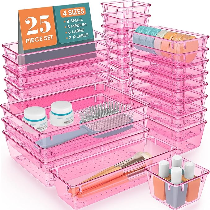 WOWBOX 25 PCS Plastic Drawer Organizer Set, 4 Sizes Desk Drawer Divider Organizers and Storage Bins for Makeup, Jewelry, Gadgets for Kitchen, Bedroom, Bathroom, Office, Clear Pink