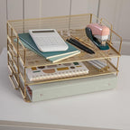 Martha Stewart Ryder 3 Tier Desk Letter Tray Organizer, Stackable Steel Mesh Inbox Tray for Files, Papers, or Letters, Gold