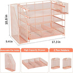 Desk Organizers and Accessories, 5-Tier Paper File Organizer with Drawer & Pen Holder, Office Desk Accessories Workspace Desktop Organizer for Office Supplies (Rose Gold)