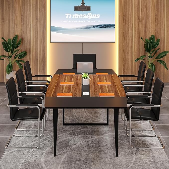 Tribesigns 8FT Conference Table, 94.48L x 47.24W x 29.52H Inches Boat Shaped Meeting Table with Rectangle Grommet, Modern Seminar Boardroom Table for Office Conference Room (8ft, Walnut & Black)