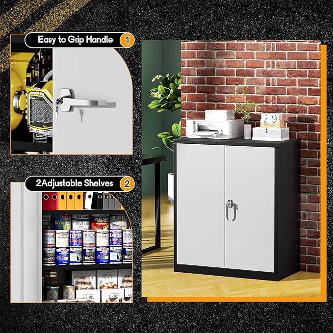 Greenvelly Metal Garage Storage Cabinet, Lockable Metal Cabinets with 2 Doors and Shelves,36” Steel Storage Locking Counter Cabinet for Office,Garage,Kitchen,Home,School(Black Grey)