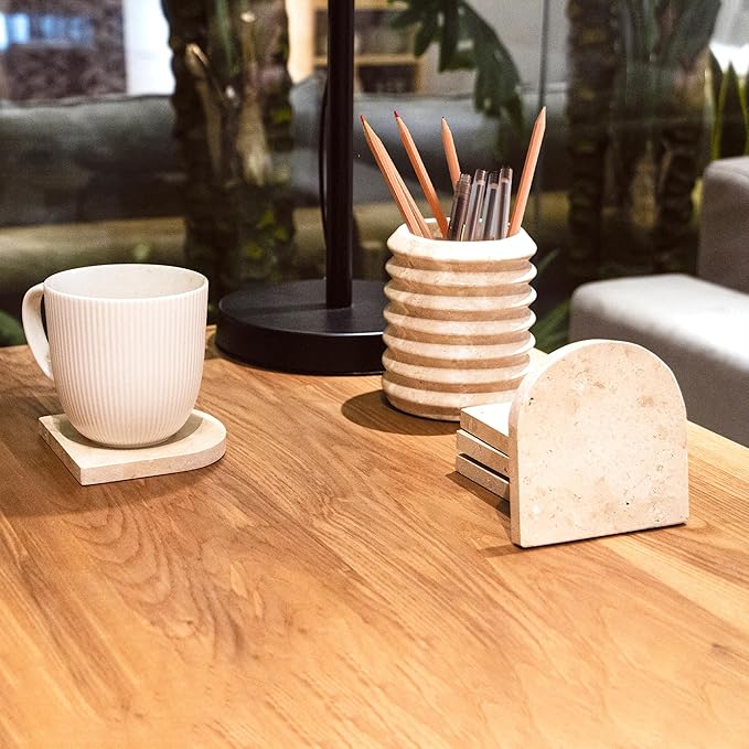 WORHE Pen Holder Stand for Desk, Natural Travertine Stone Makeup Brush Holders, Modern and Functional Pencil Cup for Office Supplies Tableware Organizer for Home Decor School Beige (PH90110)