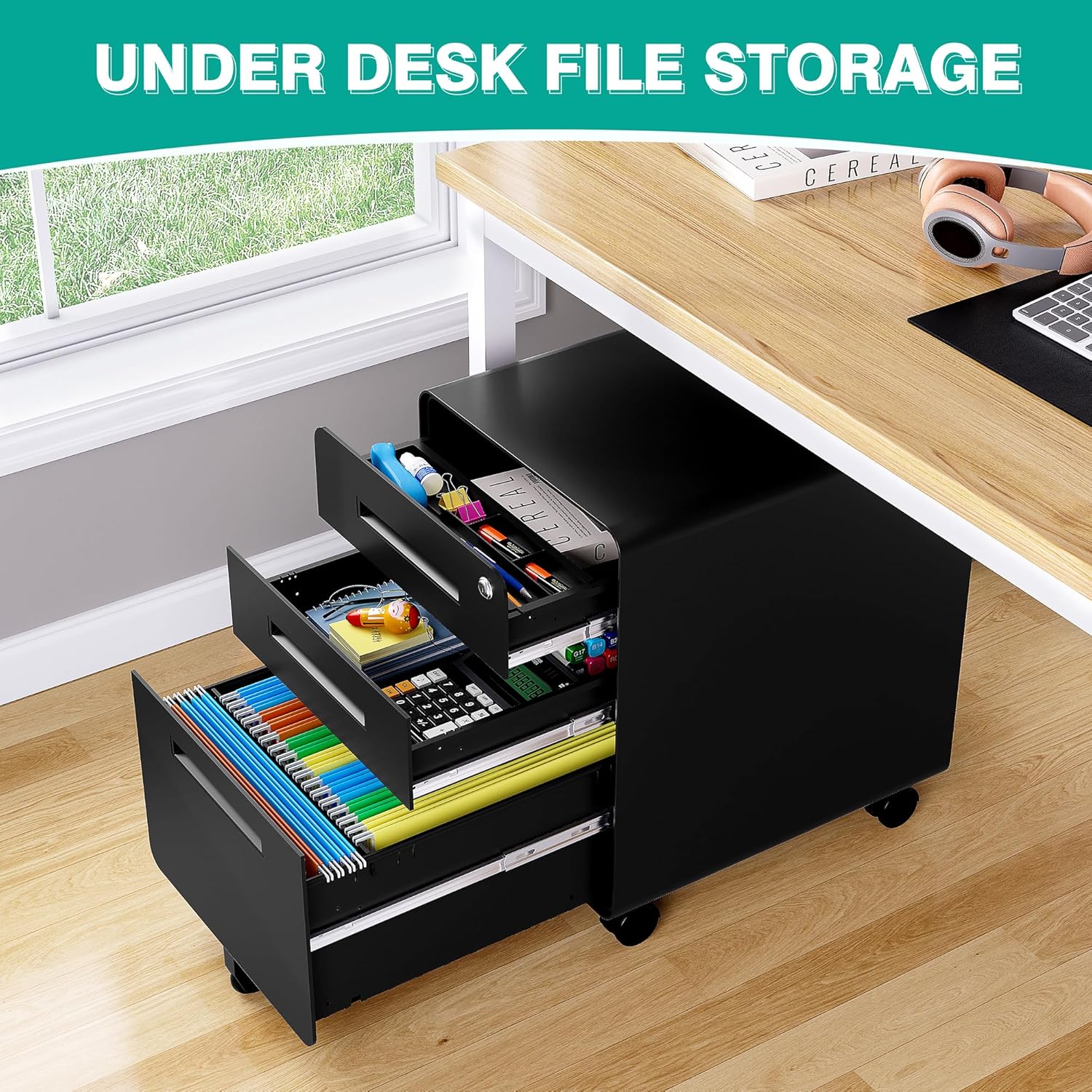 SISESOL 3 Drawer File Cabinet with Lock,Rolling File Cabinets,Under Desk File Cabinet,Three Drawer Filing Cabinet for Home Office with Wheels,Fit A4/Letter/Legal File,Fully Assembled Except Casters