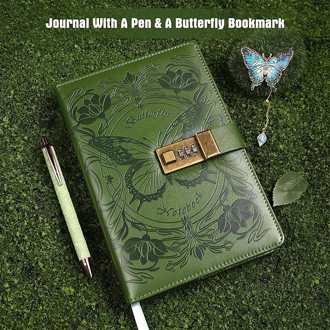 TIEFOSSI Diary with Lock for Women Girls, Lined Locked Journal, Butterfly Journal Notebook with Pen and Bookmark, A5 Refillable Locking Journals for Writing, 224 Numbered Pages