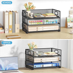 Subekyu 3 Tier Paper Letter Tray Organizer for Desk, Black Metal Mesh Desk File Folder Sorter Organizer with Handle and Sliding Tray for Home, Office, School Supplies Organization Storage