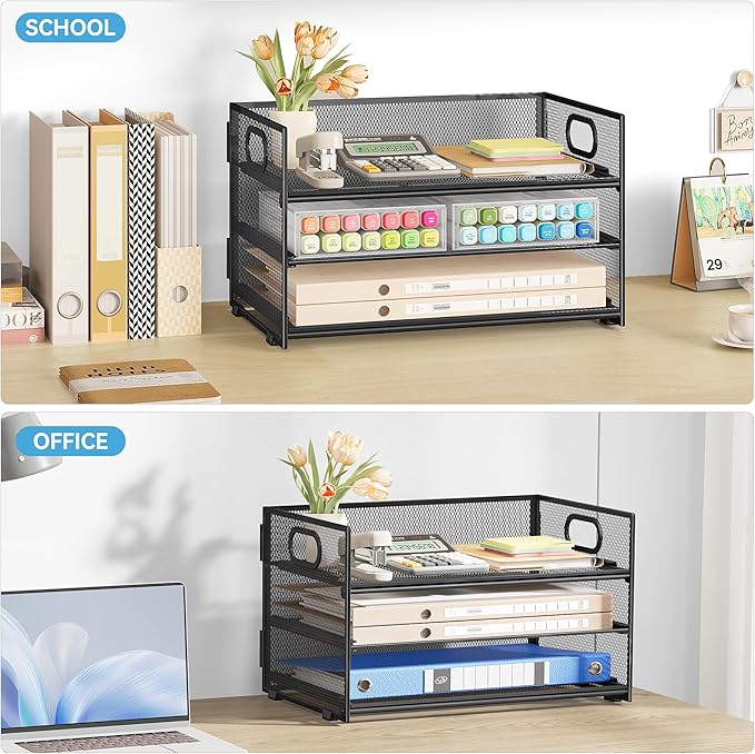 Subekyu 3 Tier Paper Letter Tray Organizer for Desk, Black Metal Mesh Desk File Folder Sorter Organizer with Handle and Sliding Tray for Home, Office, School Supplies Organization Storage