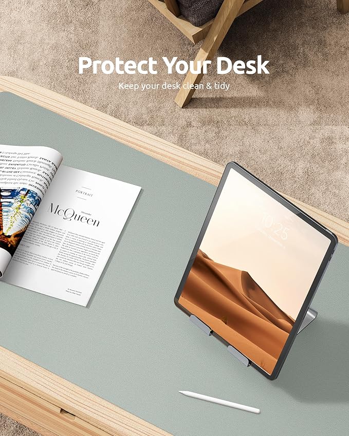 YSAGi Leather Desk Protector, Office Mat, Large Mouse Mat, Non-Slip PU Leather Blotter, Laptop Pad, Waterproof Writing Pad for Office and Home (Grayish Green, 35.4" x 17")