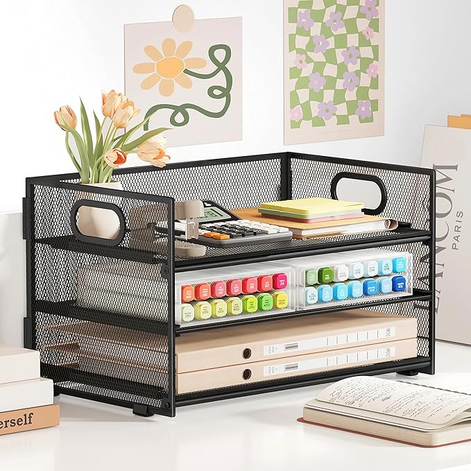 Subekyu 3 Tier Paper Letter Tray Organizer for Desk, Black Metal Mesh Desk File Folder Sorter Organizer with Handle and Sliding Tray for Home, Office, School Supplies Organization Storage