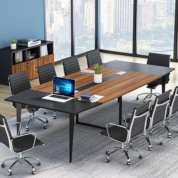 Tribesigns 8FT Conference Table, 94.48L x 47.24W x 29.52H Inches Boat Shaped Meeting Table with Rectangle Grommet, Modern Seminar Boardroom Table for Office Conference Room (8ft, Walnut & Black)