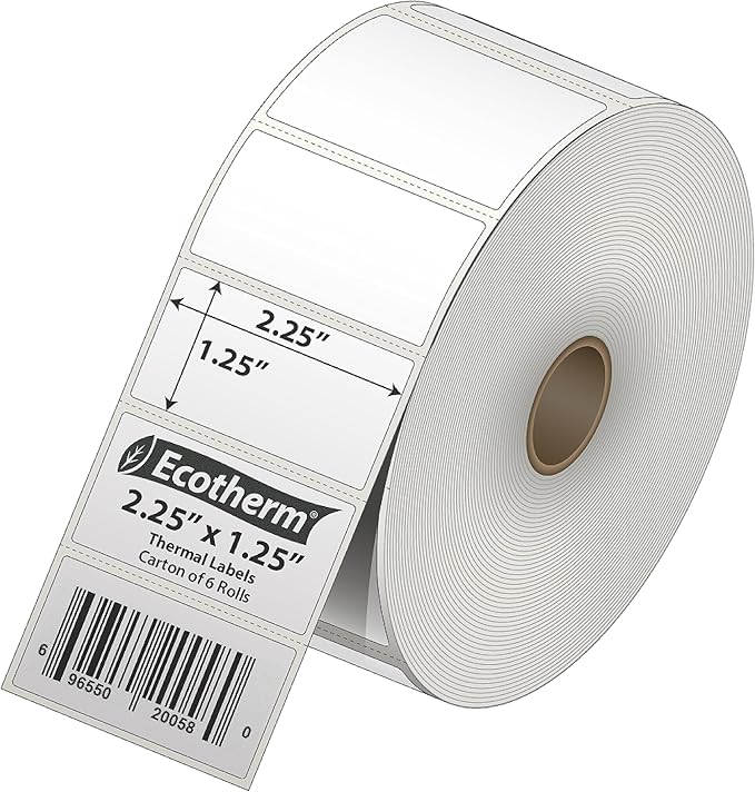 2.25" x 1.25" Thermal Labels | 6 Rolls | 12600 Labels | fits Zebra, Munbyn, Rollo, Godex, Arkscan, iDPRT, Offnova Thermal Label Printers and More | Blank White Adhesive Stickers by Ecotherm