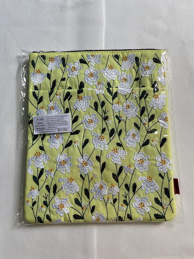 LParkin Daisy Flower Embroidery Book Sleeve with Zipper for Readers Protector Cover Gift for Book Lovers, 11x 8.5 Inch Washable Fabric, Daisy White(White)