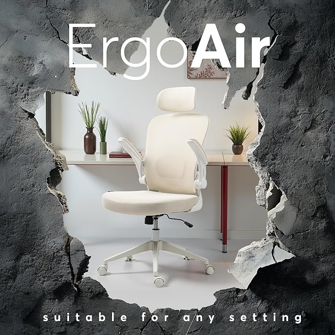 Oline ErgoAir Ergonomic Office Chair – Adjustable Lumbar Support, Flip-Up Armrests, Mesh Computer Desk Chair, Swivel Rolling Executive Gaming Chair for Home & Office (Beige)