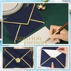 60 Pack Gold Envelopes 5x7 Dark Blue, 250G Pearled Cardstock A7 Envelopes for Invitations Business Mailing Envelope with Gold Foil Border, A6 4x6 Envelopes for Wedding Baby Shower Cards