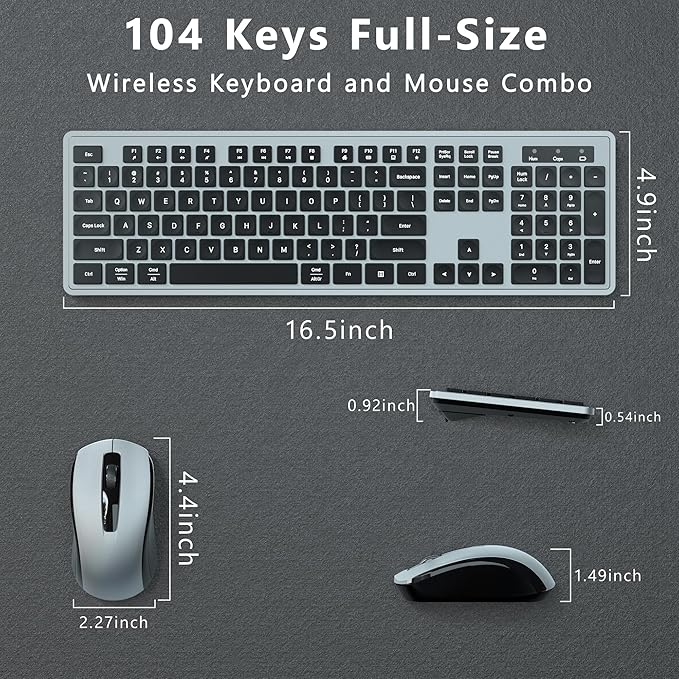 Wireless Keyboard and Mouse Combo, COVEVA 2.4GHz Wireless Keyboard Mouse with USB Receiver, Water-Dropping Keycaps, 104 Keys Full Size with Number Pad for PC Laptop Computer Desktop(Black Gray)
