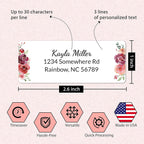 Personalized Return Address Labels Floral - Set of 120 Custom Mailing Labels for Envelopes, Self Adhesive Flat Sheet Rectangle Personalized Name Stickers (Burgundy)