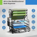 4-Tier Paper Organizer + 3-Pocket File Holder + Drawer + Pen Holders, Desktop File Organizers Paper Tray for Office Accessories School Classroom Organization (Black)