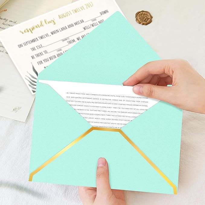 60 Pack Gold Envelopes 5x7 Light Blue, 250G Pearled Cardstock A7 Envelopes for Invitations Business Mailing Envelope with Gold Foil Border, A6 4x6 Envelopes for Wedding Baby Shower Cards