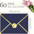 60 Pack Gold Envelopes 5x7 Dark Blue, 250G Pearled Cardstock A7 Envelopes for Invitations Business Mailing Envelope with Gold Foil Border, A6 4x6 Envelopes for Wedding Baby Shower Cards