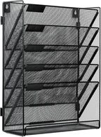 EasyPAG 6 Tier Wall File Holder with Flat Tray, Black | Easy Assemble Mesh Desk File Organizer | 5-Folder Paper Storage | Replaceable Classify Labels | Space Saving Mail Organizer for Office Home