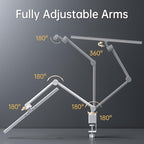 deeloop 2-Arms Swing Long LED Desk Lamp with Clamp, CRI 95+ Eye-Caring Light, USB Charging Output, 2-Hour Timer, Dimmable Desk Light with Memory, Architect Desk Lamps for Home Office Reading &Monitor