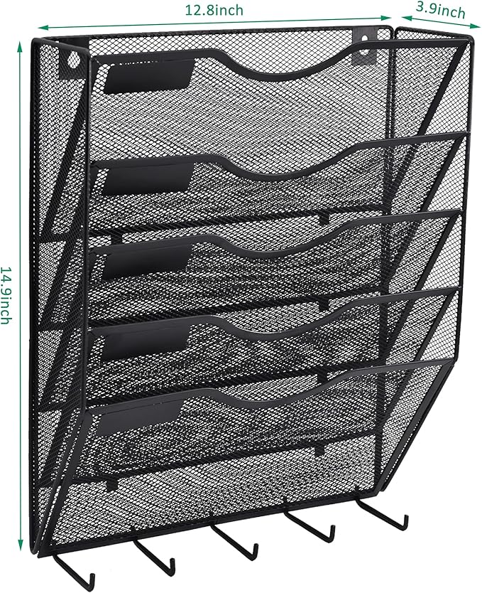 EASEPRES 5 Pocket Mesh Hanging File Organizer with Key Holder Hooks & Nametag Label, Wall Mounted Mail Paper Document Folder Storage Organization Magazine Rack for Office Cubicle, 5 Tier Black