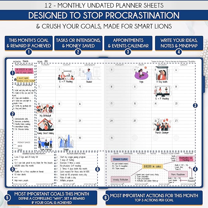 Life Planner Undated for Men – Daily, Weekly & Monthly Planner With Budget Section | Guided Daily Gratitude Journal, Goals Journal, Habit Tracker, Budget Planner - Horizontal Format