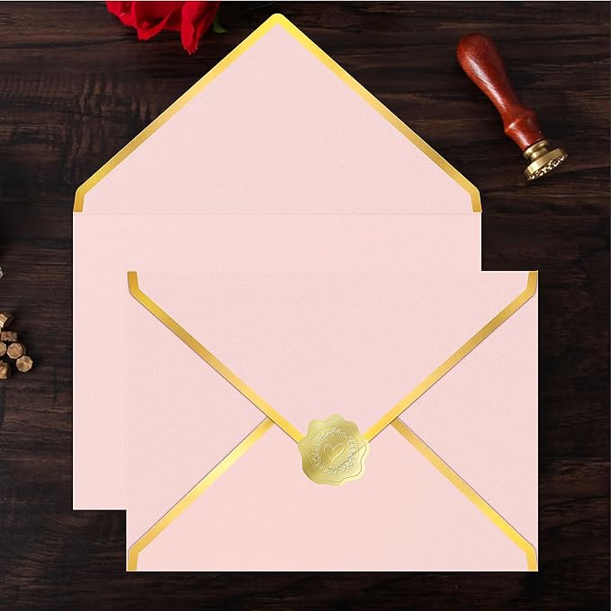 60 Pack Gold Envelopes 5x7 Bulk Pink, 250G Pearled Cardstock A7 Envelopes for Invitations Business Mailing Envelope with Gold Foil Border, A6 4x6 Envelopes for Wedding Baby Shower Cards