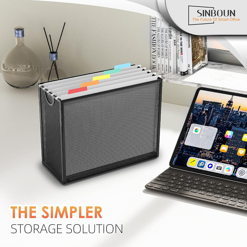 Sinboun Hanging File Organizer Letter-Size File Holder Filing Box Includes 5 Hanging Folders - Metal Mesh Magazine Letter Storage Cabinets File Cart for Office Home School, No Assembly Required