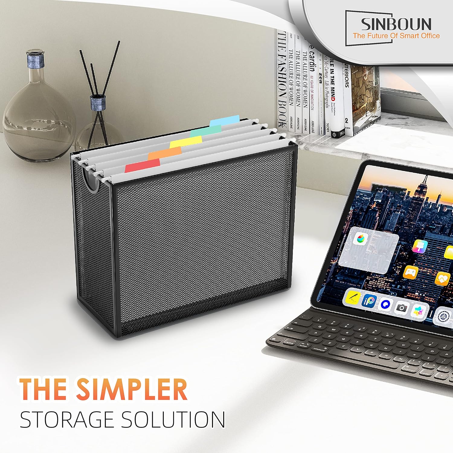 Sinboun Hanging File Organizer Letter-Size File Holder Filing Box Includes 5 Hanging Folders - Metal Mesh Magazine Letter Storage Cabinets File Cart for Office Home School, No Assembly Required