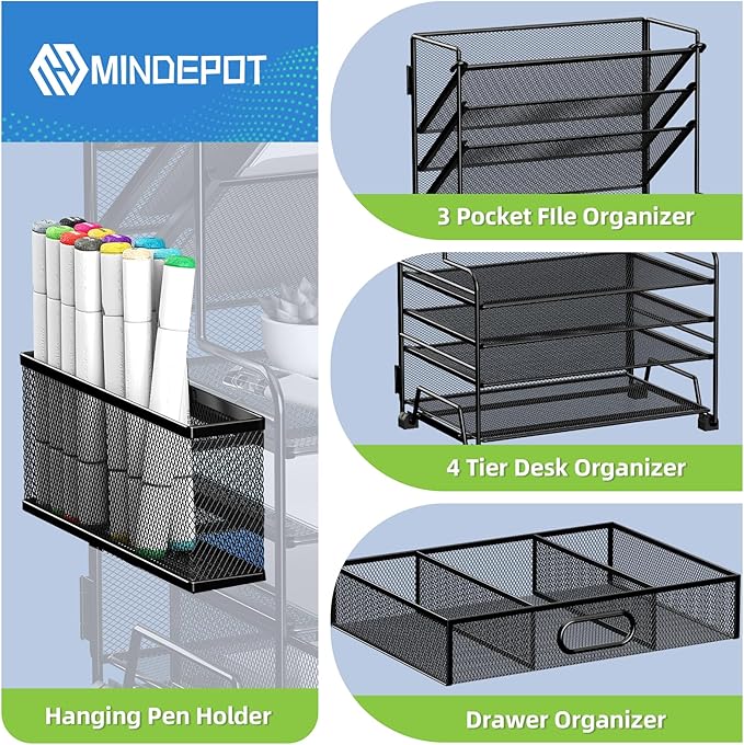 4-Tier Paper Organizer + 3-Pocket File Holder + Drawer + Pen Holders, Desktop File Organizers Paper Tray for Office Supplies School Classroom Organization (White, with Drawer & Pen Holder)
