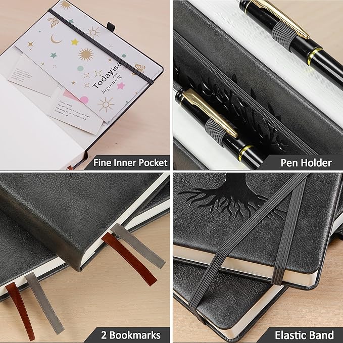 ZXHQ B5 Bullet Dotted Journal Notebook:150gsm Thick Paper, 256 Pages, Dot Grid Hardcover, Tree of Life Design, Fine Inner Pocket - 7.7" × 10" Dark Grey