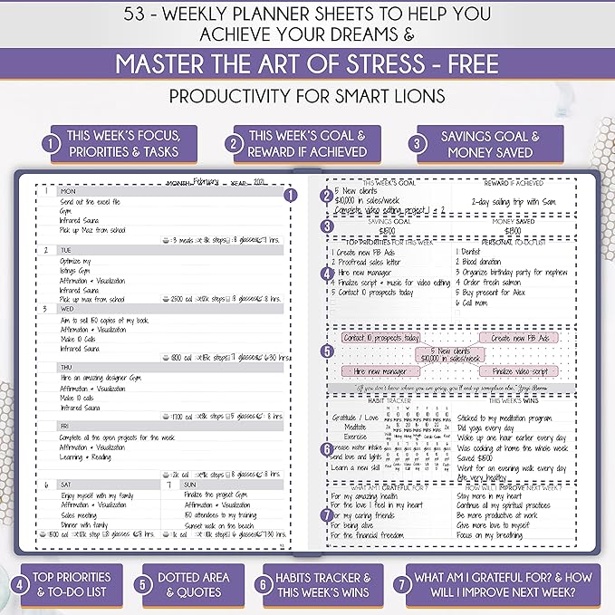 Life Planner - Gratitude Journal for Men & Women | Daily, Weekly & Monthly Planner with Budget Section, Time Blocking, Habit Tracker for Peace of Mind Planning to Increase Productivity & Happiness