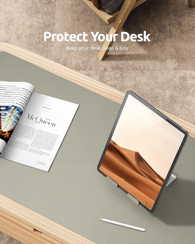 YSAGi Leather Desk Protector, Office Mat, Large Mouse Mat, Non-Slip PU Leather Blotter, Laptop Pad, Waterproof Writing Pad for Office and Home (Sage Green, 35.4" x 17")