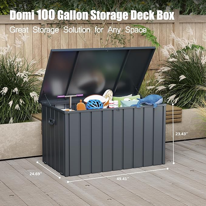 Domi Outdoor Storage Deck Box 100 Gallon, Outdoor Deck Box with Waterproof Storage Bag for Outside Cushions, Garden Tools and Pools Equipment, Gray