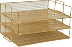 Martha Stewart Ryder 3 Tier Desk Letter Tray Organizer, Stackable Steel Mesh Inbox Tray for Files, Papers, or Letters, Gold