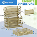 4-Tier Paper Organizer + 3-Pocket File Holder + Drawer + Pen Holders, Desktop File Organizers Paper Tray for Office Supplies School Classroom Organization (Gold, with Drawer & Pen Holder)