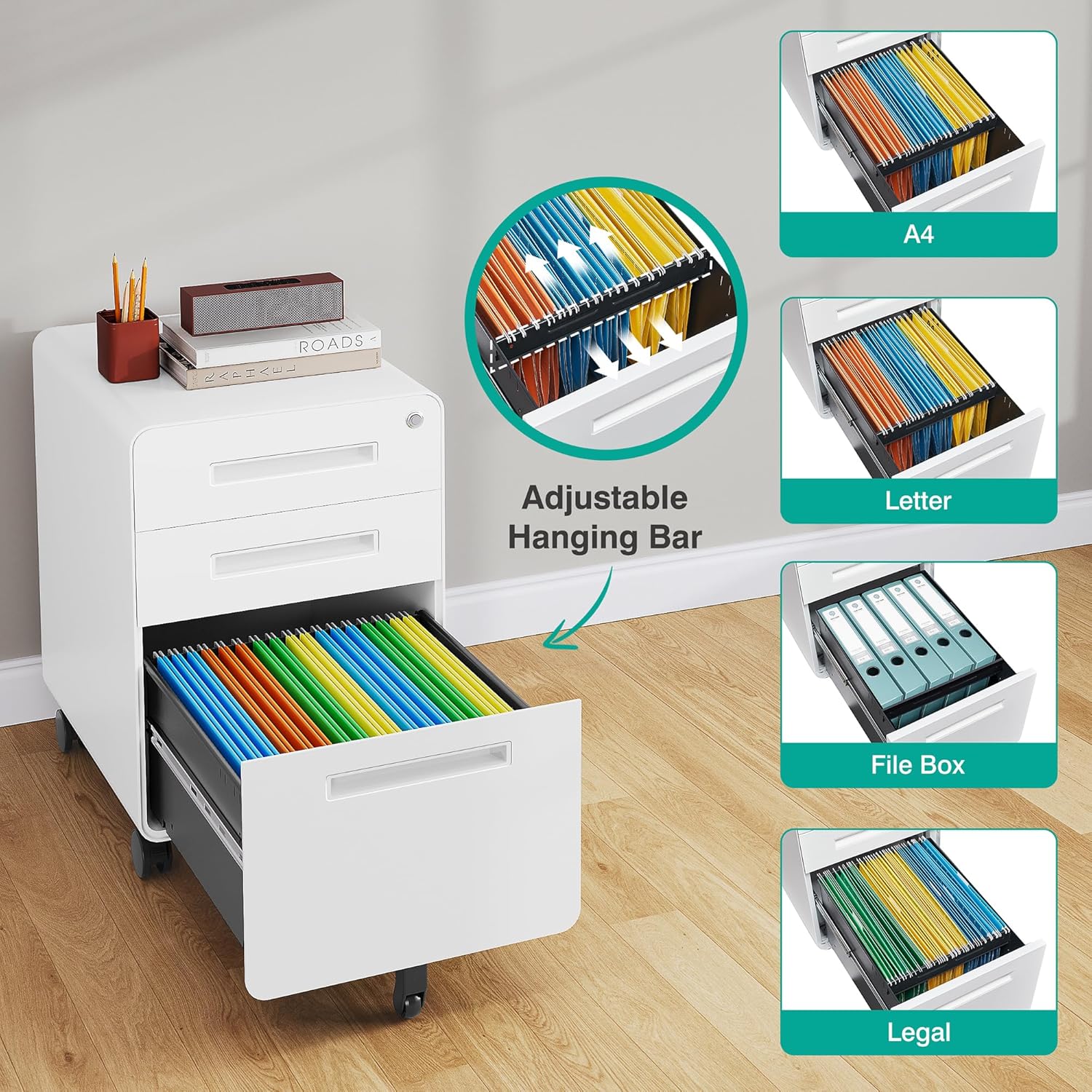 3 Drawer File Cabinet with Lock,Under Desk File Cabinet,White Rolling File Cabinet,Three Drawer Filing Cabinet for Home Office with Wheels,Fit A4/Letter/Legal File,Fully Assembled Except Casters