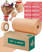 Honeycomb Packing Paper | Extra Thick 90 GSM Packing Wrap | Biodegradable Packing Materials: 12” x 400’ Moving Paper + 195’ Cellulose Adhesive Tape + 30 Fragile Stickers | Paper Bubble Wrap