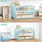 Subekyu 3 Tier Paper Desk Organizer with Handle and 1 PC Slideable Letter Tray, A4 Paper File Folder Sorter Metal Mesh Organizer for Home Office School Desk Supplies Organization Storage, Blue