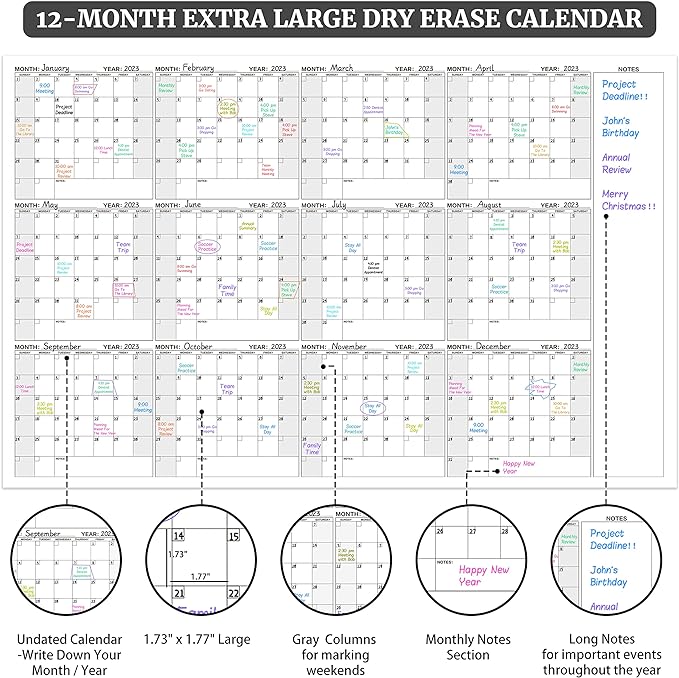 Large Dry Erase Calendar for Wall – Yearly Wall Calendar Dry Erase, 37" x 57.9", 12-Month Undated Blank Calendar Planner, Reusable Laminated Task Organizer, Great for Office, Classroom, Home