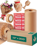 Honeycomb Packing Paper | Extra Thick 90 GSM Packing Wrap | Biodegradable Packing Materials: 12” x 200’ Moving Paper + 195’ Cellulose Adhesive Tape + 30 Fragile Stickers | Paper Bubble Wrap