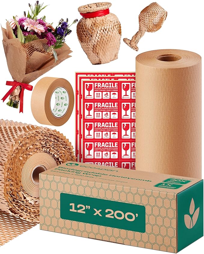 Honeycomb Packing Paper | Extra Thick 90 GSM Packing Wrap | Biodegradable Packing Materials: 12” x 200’ Moving Paper + 195’ Cellulose Adhesive Tape + 30 Fragile Stickers | Paper Bubble Wrap