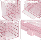 Marbrasse Desk Organizers and Accessories, 5-Tier Paper Letter Tray Organizer with File Holder, Mesh File Organizer, Office Desk Accessories & Organization for Supplies (Pink)