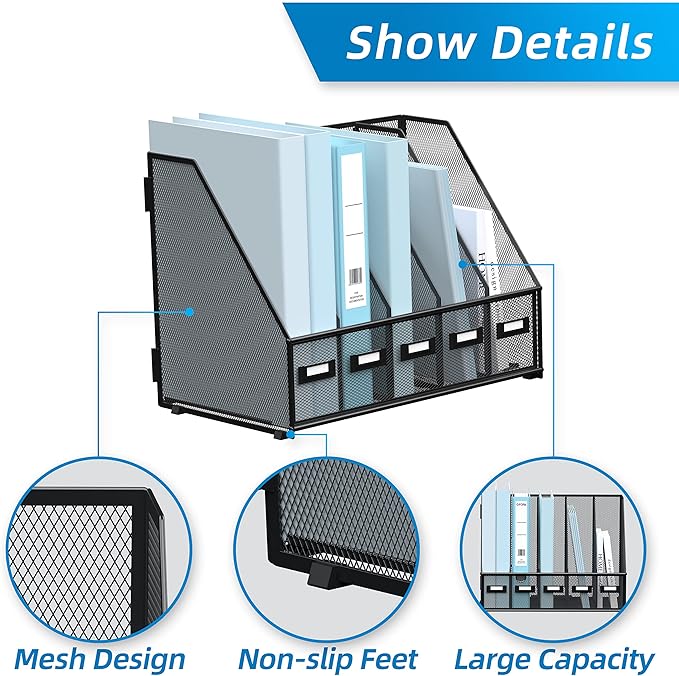 SUPEASY Desk Organizers Metal Desk Magazine File Holder with 5 Vertical Compartments Rack File Organizer for Office Desktop, Home Workspace, Black