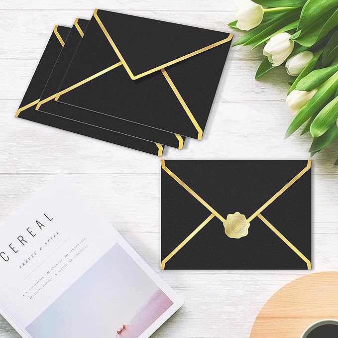 60 Pack Gold Envelopes 5x7 Bluk Black, 250G Pearled Cardstock A7 Envelopes for Invitations Business Mailing Envelope with Gold Foil Border, A6 4x6 Envelopes for Wedding Baby Shower Cards