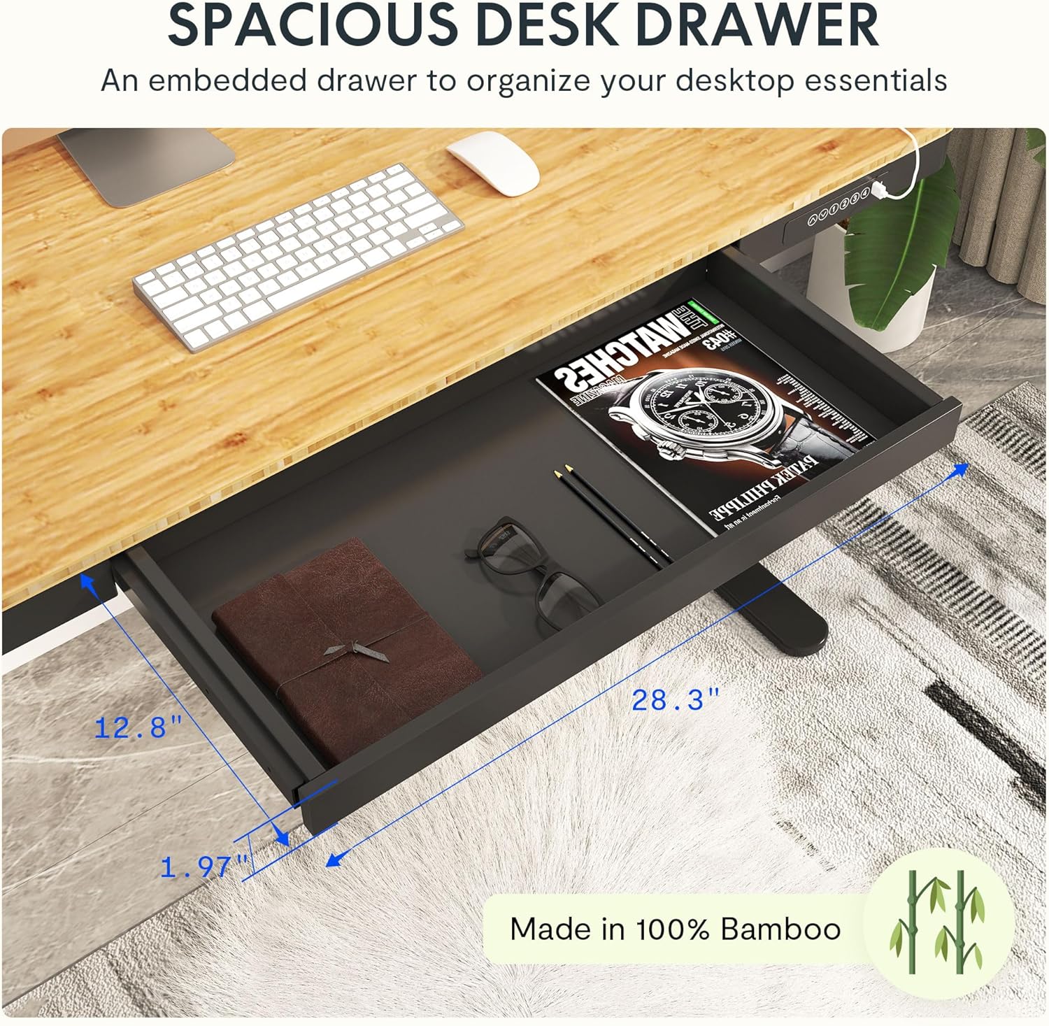 SANODESK Standing Desk with Drawer,Dual Motor 3 Stage Electric Height Adjustable Home Office Desk with Storage & Wireless Charging, 55 inch Bamboo Tabletop/Black Frame