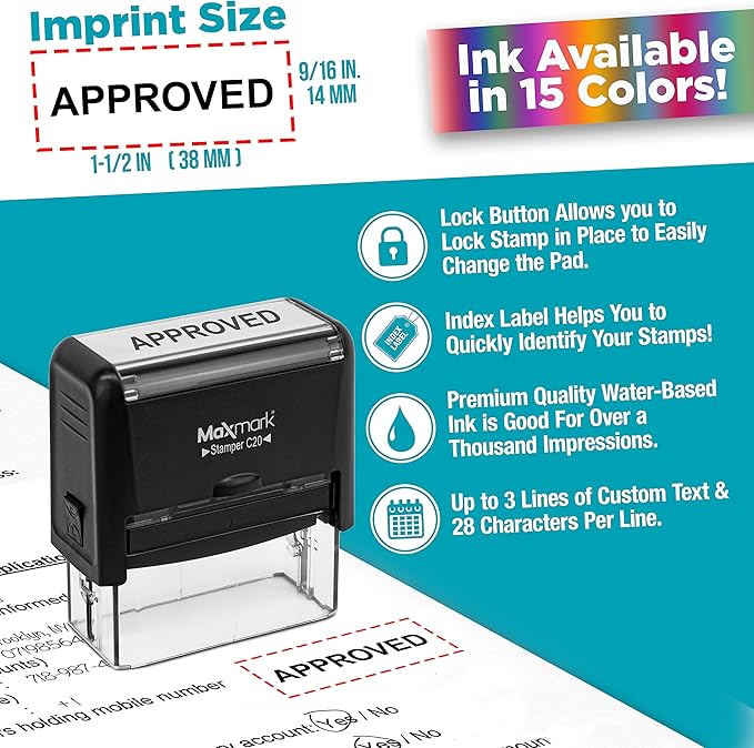 Custom Self Inking Rubber Stamp - Up to 3 Lines of Text - Choose from 15 Ink Colors - Small Size