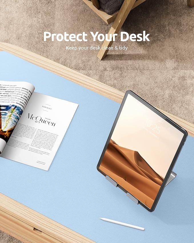 YSAGi Leather Desk Protector, Office Mat, Large Mouse Mat, Non-Slip PU Leather Blotter, Laptop Desk Pad, Waterproof Writing Pad for Office and Home (Baby Blue, 31.5" x 15.8")