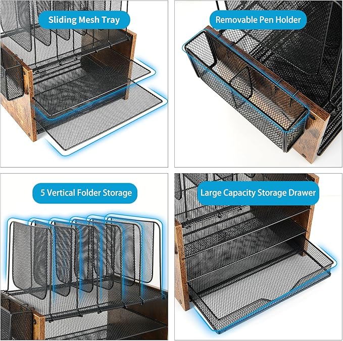 Wood Desk Organizers and Accessories, 4-Tier Workspace Desktop Paper Organizer with Drawer, 5 Vertical File Holders and Pen Holder for Office Supplies